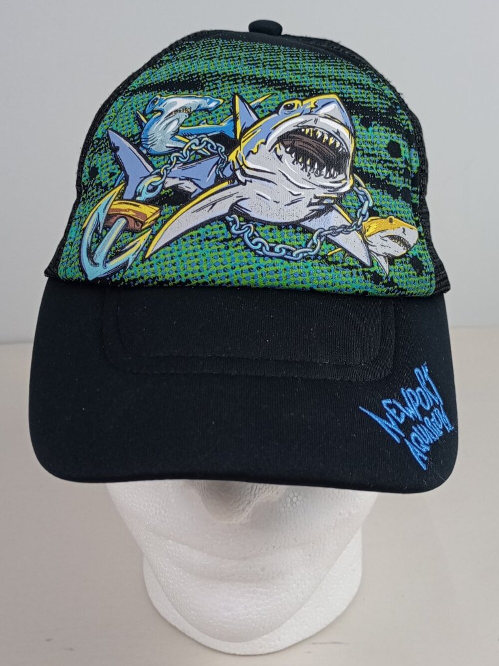 NWOT Newport Aquarium Youth Black Green Blue Shark Anchor Mesh Baseball Cap